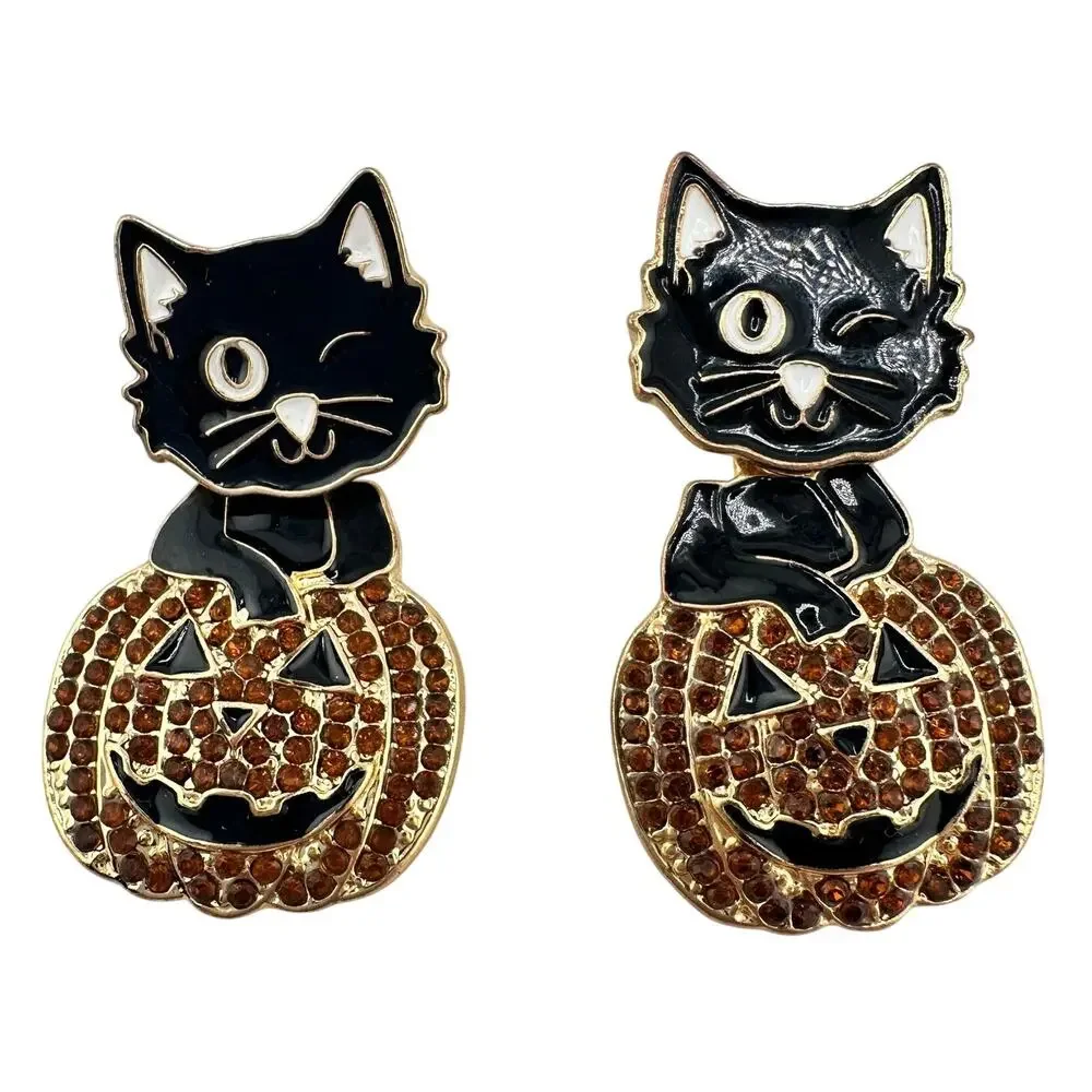Sugarfix Baublebar Halloween Purrtiest Pumpkin Cat Enamel Crystals 1.75 Earrings